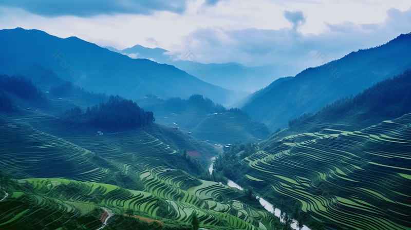 风景风光大气旅游风景区出游清晰的摄影图高清的图片海报设计背景广告设计素材元素蓝天白云下的梯田绿色的田园风光,高清,摄影图,摄影图片,图片大全,摄影图免费下载